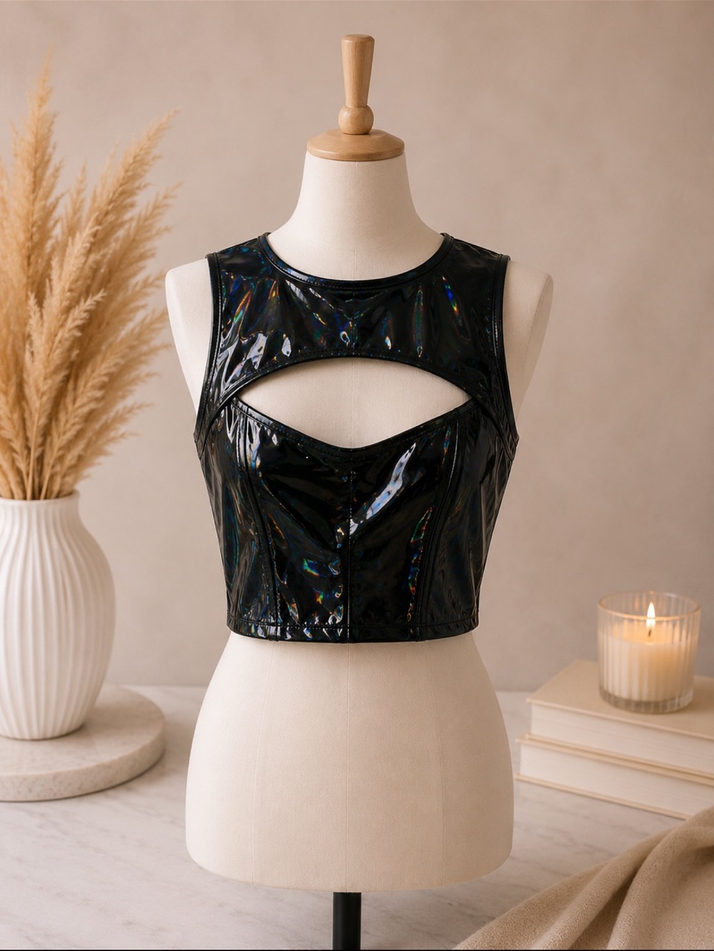 Black Faux Stretchy Leather Cutout Crop Top